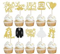 SYKYCTCY 30 Pack He Asked She Said Yes Cupcake Toppers Gold Glitter Diamond Ring Heart Love I Do Love Heart Ring Miss To Mrs Cake Picks for Wedding Engagement Party Cake Decorations Gold