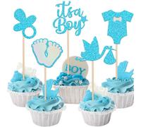 SYKYCTCY 30 Pack It's a Boy Cupcake Toppers Pacifier Glitter Onesie Jumpsuit Cupcake Picks Bird Pacifier Cake Decorations for Baby Shower Boy Birthday Theme Party Supplies Blue