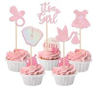 SYKYCTCY 30 Pack It's a Girl Cupcake Toppers Pacifier Glitter Onesie Jumpsuit Cupcake Picks Bird Pacifier Cake Decorations for Baby Shower Girl Birthday Theme Party Supplies Pink