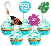 SYKYCTCY 30 Pack Moana Cupcake Toppers Glitter Palm Monstera Leaf Flower Cupcake Picks for Tropical Hawaiian LuauTheme Baby Shower Kids Birthday Party Cake Decorations Supplies