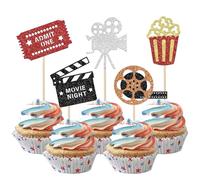 SYKYCTCY 30 Pack Movie Theater Cupcake Toppers Glitter Night Roll Camera Popcorn Cupcake Picks Hollywood Theme Baby Shower Kids Birthday Party Cake Decorations Supplies