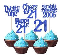 SYKYCTCY 30 Pack Straight Outta 2005 Cupcake Toppers Glitter Twenty-One Happy 21st Birthday Cupcake Picks Cheers to 21 Years Decorations for 21st Birthday Party Cake Decorations Supplies Blue