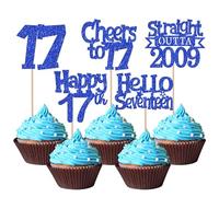 SYKYCTCY 30 Pack Straight Outta 2009 Cupcake Toppers Glitter Seventeen Happy 17th Birthday Cupcake Picks Cheers to 17 Years Cupcake Decorations for 17th Birthday Party Cake Decorations Supplies Blue