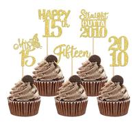 SYKYCTCY 30 Pack Straight Outta 2011 Cupcake Toppers Happy 15th Birthday Fifteen Awesome Since 2011 Cupcake Picks 15 Fabulous Cake Decorations for 15th Birthday Anniversary Party Gold