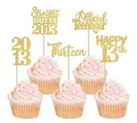 SYKYCTCY 30 Pack Straight Outta 2013 Cupcake Toppers Happy 13th Birthday Thireen Awesome Since 2013 Cupcake Picks 13 Fabulous Cake Decorations for 13th Birthday Anniversary Party Gold