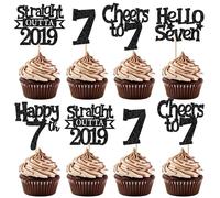 SYKYCTCY 30 Pack Straight Outta 2019 Cupcake Toppers Glitter Black Hello Seven Happy 7th Birthday Cupcake Picks Cheers to 7 Years Cake Decorations for Baby Shower 7th Birthday Party Supplies