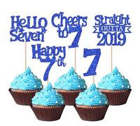 SYKYCTCY 30 Pack Straight Outta 2019 Cupcake Toppers Glitter Hello Seven Happy 7th Birthday Cupcake Picks Cheers to 7 Years Cake Decorations for Baby Shower Kids 7th Birthday Party Supplies Blue