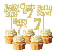 SYKYCTCY 30 Pack Straight Outta 2019 Cupcake Toppers Glitter Hello Seven Happy 7th Birthday Cupcake Picks Cheers to 7 Years Cake Decorations for Baby Shower 7th Birthday Party Supplies Gold