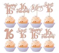 SYKYCTCY 30 Pack Sweet 16th Birthday Cupcake Toppers Glitter Sweet Teenager 16 Sixteen Cupcake Picks Happy 16 Birthday 16 Years Old Cupcake Decorations Anniversary Party Supplies Rosegold