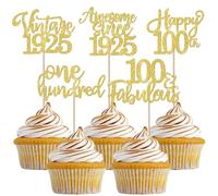 SYKYCTCY 30 Pack Vintage 1925 Cupcake Toppers Glitter Happy 100th One Hundred Awesome Since 1925 Cupcake Picks 100 Fabulous Cake Decorations for 100th Birthday Wedding Anniversary Party Supplies Gold