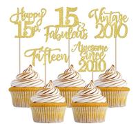 SYKYCTCY 30 Pack Vintage 2010 Cupcake Toppers Glitter Happy 15th Fifteen Awesome Since 2010 Cupcake Picks 15 Fabulous Cake Decorations for 15th Birthday Wedding Anniversary Party Supplies Gold
