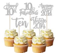 SYKYCTCY 30 Pack Vintage 2014 Cupcake Toppers Glitter Happy 10th Ten Awesome Since 2014 Cupcake Picks 10 Fabulous Cake Decorations for 10th Birthday Wedding Anniversary Party Supplies Silver