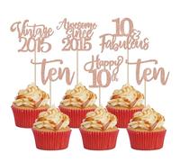 SYKYCTCY 30 Pack Vintage 2015 Cupcake Toppers Glitter Happy 10th Ten Awesome Since 2015 Cupcake Picks 10 Fabulous Cake Decorations for 10th Birthday Wedding Anniversary Party SuppliesRose gold
