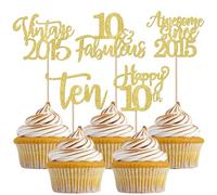 SYKYCTCY 30 Pack Vintage 2015 Cupcake Toppers Glitter Ten Awesome Since 2014 Happy 10th Cupcake Picks 10 Fabulous Cake Decorations for 10th Birthday Wedding Anniversary Party Supplies Gold