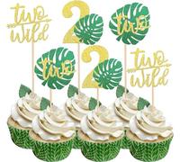 SYKYCTCY 30 PCS Two Wild Cupcake Toppers Glitter Monstera Leaf Two Cupcake Picks Palm Leaves 2nd Birthday Cake Decorations for Jungle Safari Theme Baby Shower Kids Second Birthday Party Supplies