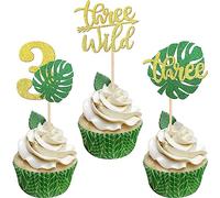 SYKYCTCY 30 PCS Wild Three Palm Leaf Cupcake Toppers Glitter Monstera Leaf Three Cupcake Picks Number 3 Cupcake Decoration for Jungle Safari Baby Shower 3rd Birthday Party Cake Decorations Supplies