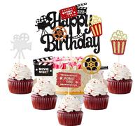 SYKYCTCY 31 Pack Movie Cupcake Toppers Happy Birthday Sign Cake Pick Decorations for Theater Video Recorder Roll Camera Popcorn Hollywood Theme Family Film Baby Shower Birthday Party Supplies