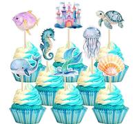 SYKYCTCY 32 Pack Mermaid Cupcake Toppers Glitter Under The Sea Octopus Starfish Mermaid Tail Cupcake Picks Jellyfish Seahorse Coral Cupcake Decorations for Baby Shower Cake Decorations Supplies