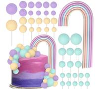 SYKYCTCY 34 Pack Rainbow Ball Cake Decorations Balls Cake Toppers Mini Balloon Balls Pastel Rainbow DIY Cake Decorations for Wedding Anniversary Birthday Boho Themed Party Supplies