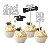 SYKYCTCY 36 Pack 2025 Graduation Cupcake Toppers Glitter Congrats Class of 2025 Diploma Grad Cap Cupcake Picks proud of You Cake Decorations for Graduation Theme Party Supplies Silver