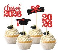 SYKYCTCY 36 Pack 2026 Graduation Cupcake Toppers Glitter Class of 2026 Graduation Cap Diploma Cupcake Picks 2026 Grad Theme Party Cake Decorations Supplies Red