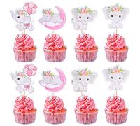 SYKYCTCY 36 Pack Elephant Cupcake Toppers Aniaml Birthday Cupcake Picks Moon Elephant Cake Decorations for Boys and Girls Baby Shower Elephant Theme Birthday Party Cupcake Decorations Pink