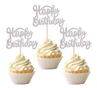 SYKYCTCY 36 Pack Happy Birthday Cupcake Toppers Glitter Celebrating Cupcake Picks Baby Shower Kids Anniversary Party Cake Decorations Supplies Silver