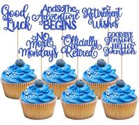 SYKYCTCY 36 Pack Happy Retirement Cupcake Toppers Glitter Officially Retired Hello Pension Cupcake Picks No Work Zone Adventure Begins Cupcake Decorations Retirement Theme Birthday Party Supplies Blue