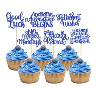 SYKYCTCY 36 Pack Retirement Cupcake Toppers Glitter officially retired Cupcake Picks And So The Adventure Begins Good Luck Cake Decorations for Retirement Theme Birthday Party Supllies Blue