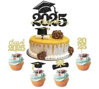 SYKYCTCY 37 Pack 2025 Graduation Cupcake Toppers Glitter Congrats Class of 2025 Diploma Grad Cap Cupcake Picks for Graduation Theme Party Cake Decorations Gold