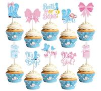 SYKYCTCY 40 Pack Boots or Bows Cupcake Toppers Double Sided It's a Boy or It's a Girl Cupcake Picks Gender Reveal Cake Decorations for Western Theme Baby shower Birthday Party Supplies