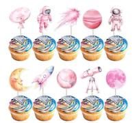 SYKYCTCY 40 Pack Space Cupcake Toppers Solar System Galaxy Universe Cupcake Picks Space Astronaut Theme Cake Decorations Supplies Planets Galaxy Photo Booth Props Kids Birthday Party Supplies Pink