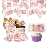 SYKYCTCY 50 Pack Edible 50 Pound Notes Pre Cake Toppers Edible Wafer Paper Fake Money Cake Picks Baby Shower Pounds Birthday Anniversary Cake Decorations Party Supplies