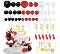 SYKYCTCY 59 Pack Balls Cake Decorations Happy Birthday Ball Cake Toppers Mini Balloon Balls Leaves DIY Cake Decorations for Wedding Anniversary Birthday Themed Party Supplies White Red Black