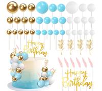 SYKYCTCY 59 Pack Happy Birthday Balls Cake Decorations Ball Cake Toppers Grass Cake Picks for Baby Shower Kids Boys Girls Birthday Theme Party Supplies Blue White Gold