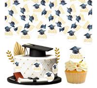 SYKYCTCY 60 Pack Edible 2025 Graduation Cap Cupcake Toppers Wafer Paper Class of 2025 Grad Cap Cupcake Picks for 2025 Graduation Theme Party Cake Decorations Supplies Black Gold