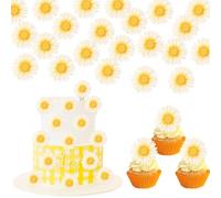 SYKYCTCY 60 Pack Edible Daisy Cupcake Toppers Wafer Paper Flower Cake Topper Decorations Flower Chrysanthemum Party Decorations for Birthday Wedding Kids Birthday Party Supplies