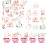 SYKYCTCY 60 Pack Edible God Bless Cake Topper Glitter Dove Cross Christening First Communion Cake Pick Religious Baptism Cake Decorations for Religious Theme Party Baby Shower Birthday Party Supplies