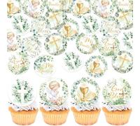 SYKYCTCY 60 Pack Edible God Bless Cupcake Toppers Edible Cross Spanish Mi Bautizo Cupcake Picks Christian Cake Decorations for Baby Shower Gender Reveal Religious Party Supplies