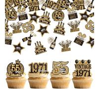 SYKYCTCY 60 Pack Edible Happy 55th Birthday Cupcake Toppers Glitter Fifty-five Vintage 1971 Cupcake Picks Cheers to 55 Years Cupcake Picks for 55th Birthday Party Cake Decor Supplies