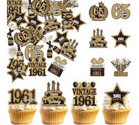 SYKYCTCY 60 Pack Edible Happy 65th Birthday Cupcake Toppers Glitter Hello Sixty-Five Vintage 1961 Cupcake Picks Cheers to 65 Years Cake Decorations for Happy 65th Birthday Party Supplies
