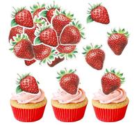 SYKYCTCY 60 Pack Edible Strawberry Cupcake Toppers Red Glitter Strawberry Happy Birthday Cake Picks Decorations For Summer Berry Fruit Theme Baby Shower Kids Boys Girls Party Supplies