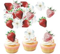 SYKYCTCY 60 Pack Edible Strawberry Cupcake Toppers Red Pink Strawberry Birthday Cupcake Picks Berry Strawberry Cupcake Decoration for Fruit Theme Baby Shower Kids Boys Girls Birthday Party Supplies