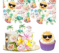 SYKYCTCY 60 Pack Edible Summer Beach Cupcake Toppers Pool Party Hawaiian Cake Picks Watermelon Slippers Sun Plam Tree Pineapple Cake Decorations for Birthday Tropical Luau Party Supplies