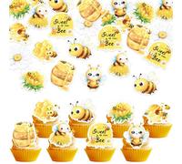 SYKYCTCY 64 Pack Edible Bumble Bee Cupcake Toppers Waper Paper Honey Bee Party Cake Decorations Edible Oh Babee Cupcake Picks for Bee Theme Baby Shower Birthday Party Food Decorations Supplies