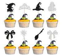 SYKYCTCY24 Pack Magic Witch Cupcake Toppers Glitter Witch Hat Happy Birthday Cupcake Picks Crown Grils Cake Decorations for Witch Wizard Theme Baby Shower Birthday Party Decoration Supplies