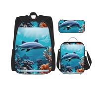 SYKzqiO Beautiful Underwater World Dolphins Coral 3-Piece Backpack Set with Messenger Bag and Pouch,fit for Tourism, Mountaineering, Shopping