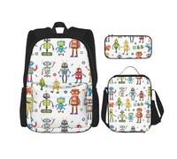 SYKzqiO Cute Cartoon Robots 3-Piece Backpack Set with Messenger Bag and Pouch,fit for Tourism, Mountaineering, Shopping