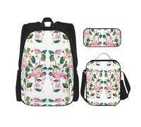 SYKzqiO Flamingo Bird Round Leaves 3-Piece Backpack Set with Messenger Bag and Pouch,fit for Tourism, Mountaineering, Shopping