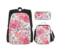 SYKzqiO Flower Rose Butterfly 3-Piece Backpack Set with Messenger Bag and Pouch,fit for Tourism, Mountaineering, Shopping